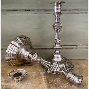 Pair Of Candlesticks, Torches, Bronze, Plated, Silver, 18th Century