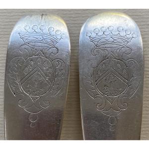 Pair Of Stewing Spoons, Silver, Coat Of Arms, 18th Century