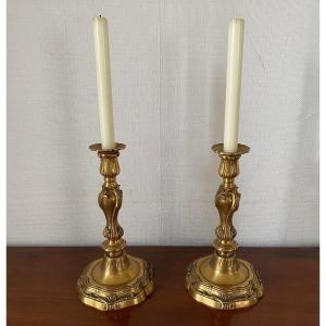 Pair Of Flambeaux, Candlesticks, Gilt Bronze