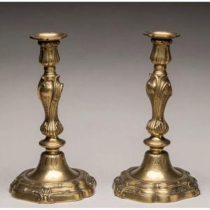 Pair Of Flambeaux, Candlesticks, Gilt Bronze