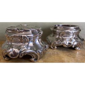 Pair Of Salt Shakers, Salerons, Pepper Shakers, Silver, Coat Of Arms, Marseille, XVIIIth