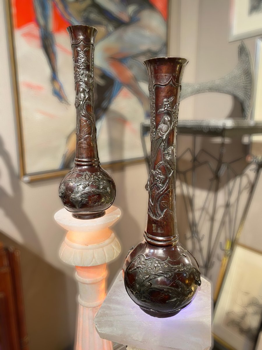 Pair Of Large Japanese Patinated Bronze Vases – Meiji Period – Yoshida-zō-photo-3