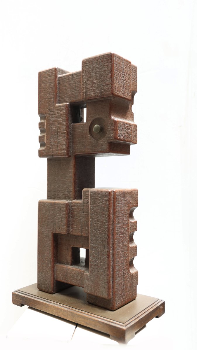Serge Benoit – Sculpture abstraite monoxyle en azobé et métal – vers 1980-photo-4