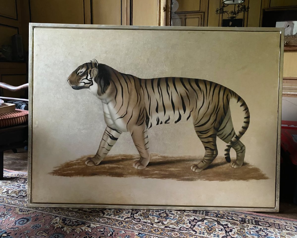 L. R. Laffitte – Large Tiger On A Gold Background – Circa 1960  Large Decorative Panel-photo-2