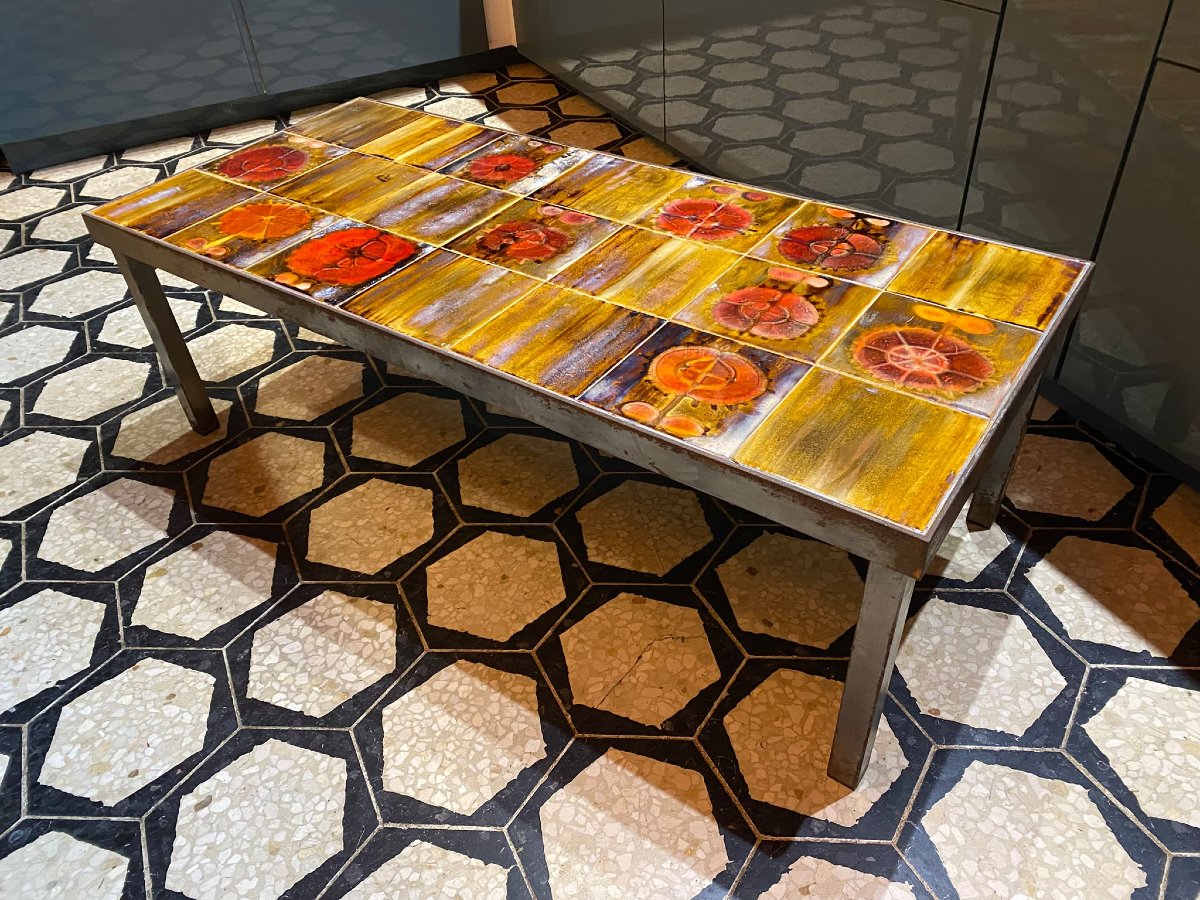 Table basse en métal laqué et céramique émaillée – Années 1960-1970-photo-3
