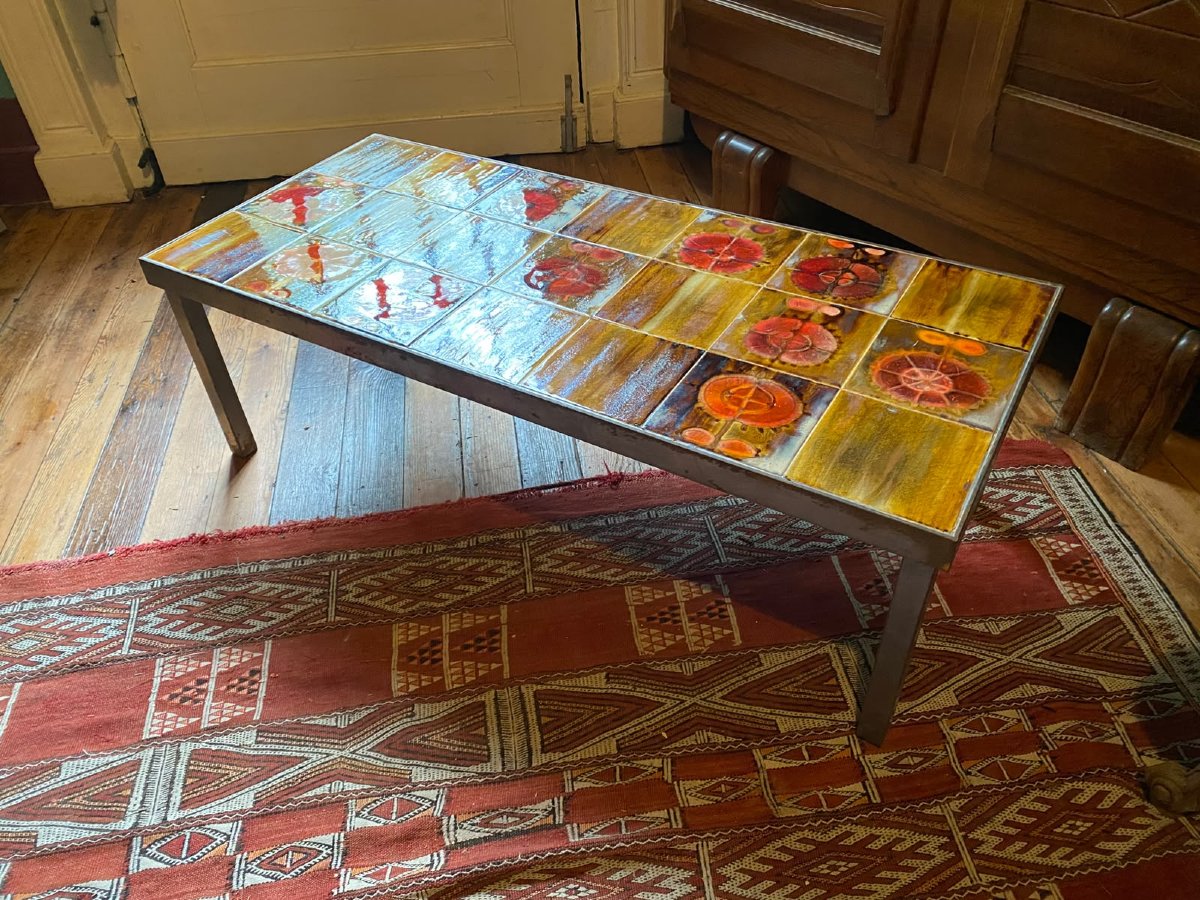 Table basse en métal laqué et céramique émaillée – Années 1960-1970-photo-4