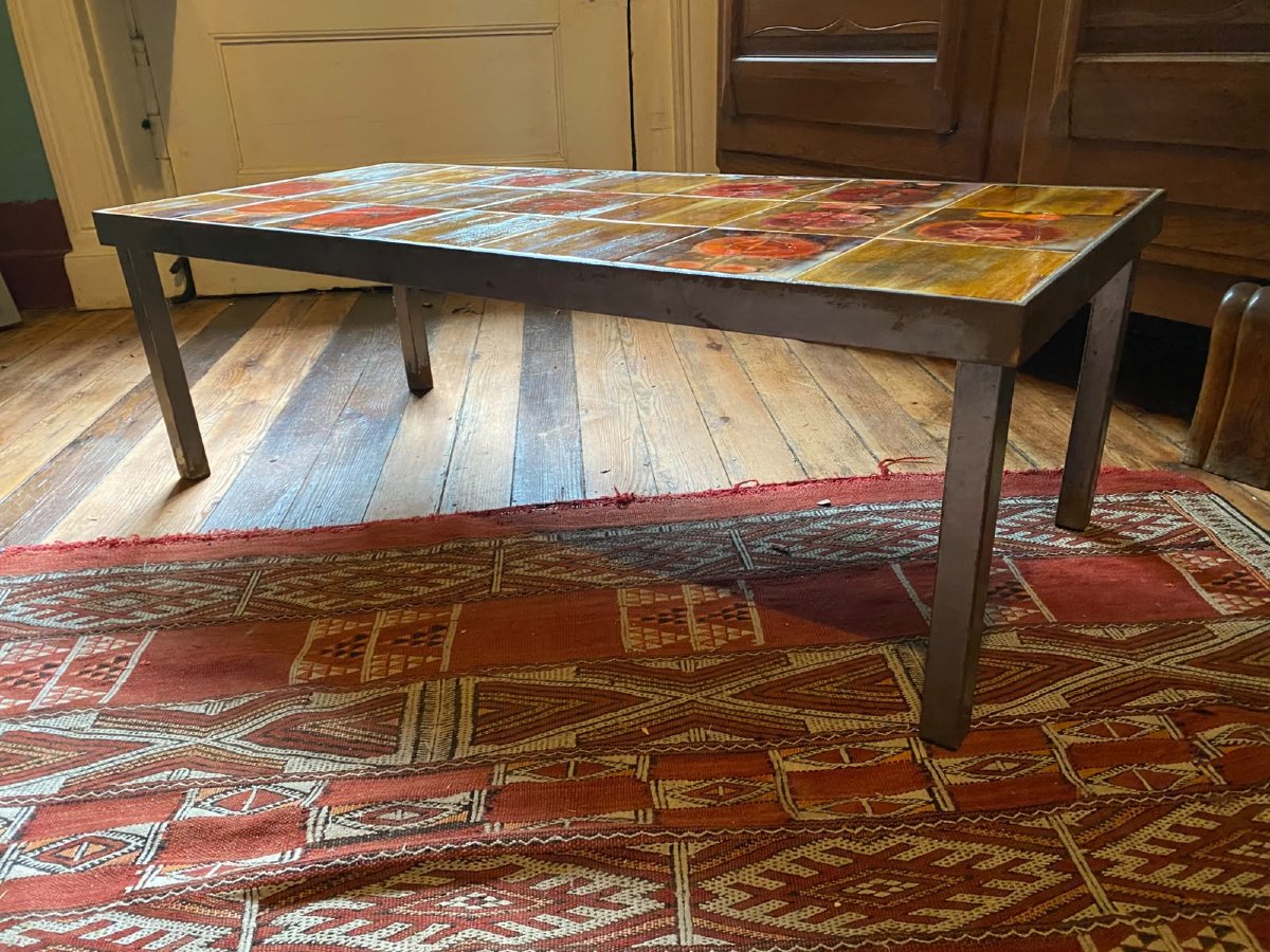 Table basse en métal laqué et céramique émaillée – Années 1960-1970-photo-1