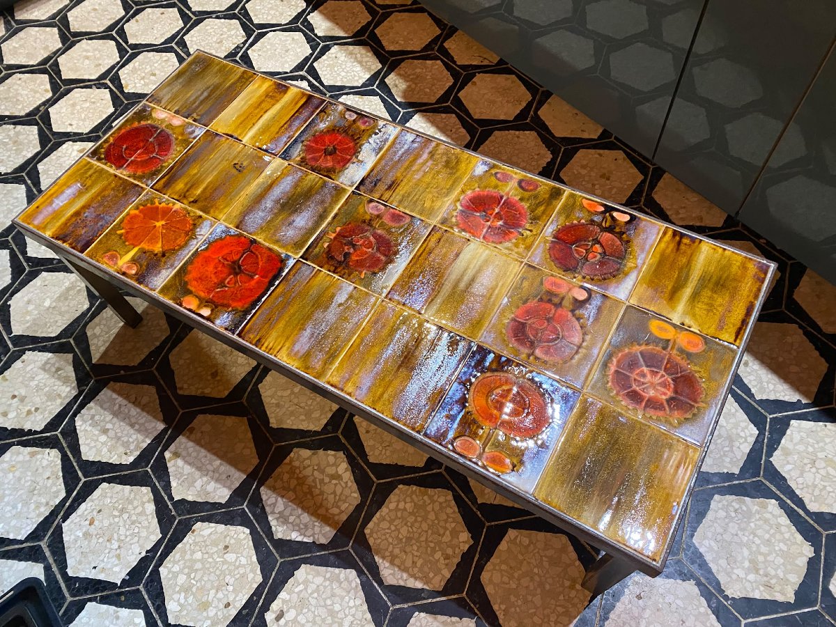 Table basse en métal laqué et céramique émaillée – Années 1960-1970-photo-2