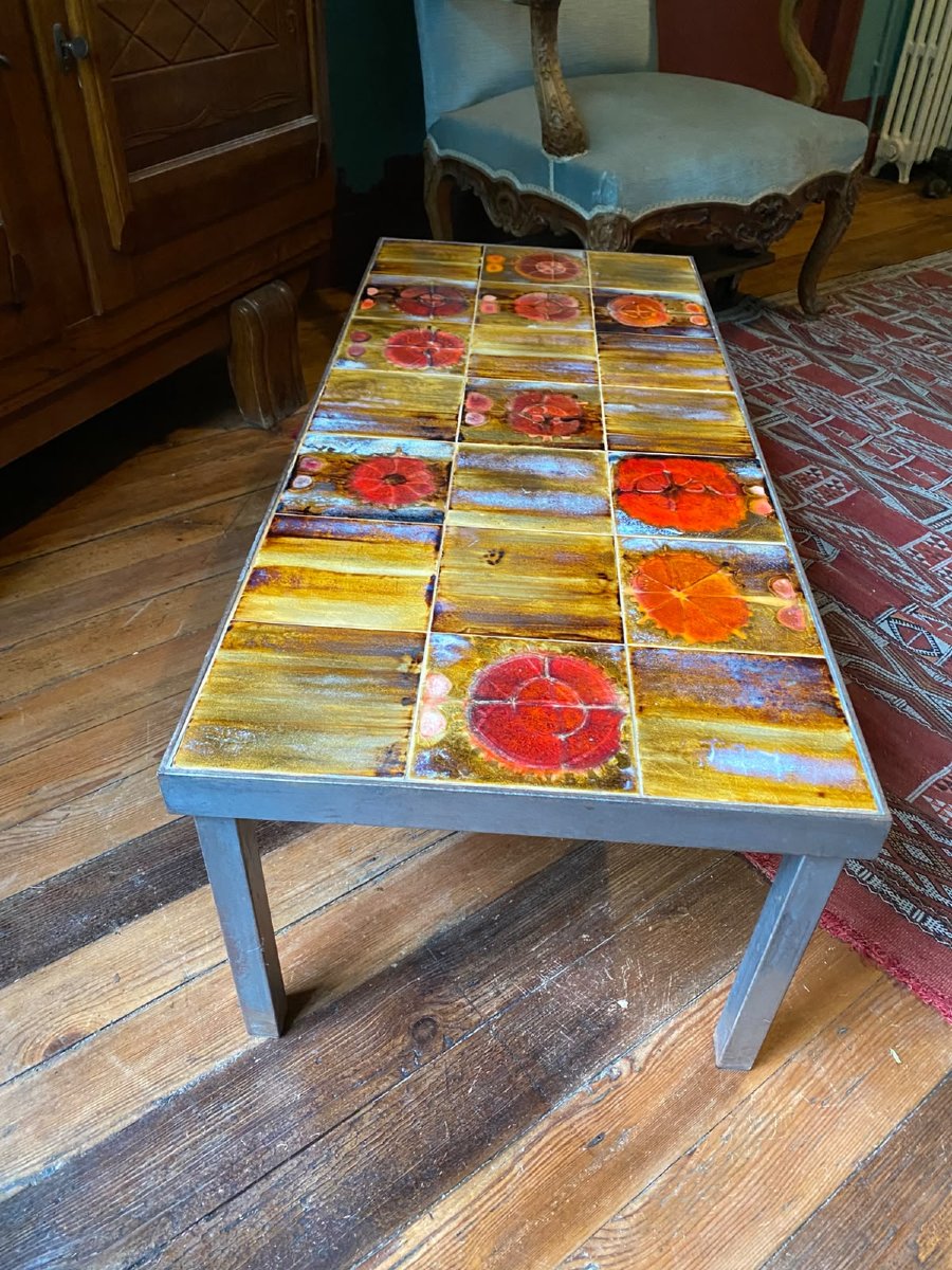 Table basse en métal laqué et céramique émaillée – Années 1960-1970-photo-3