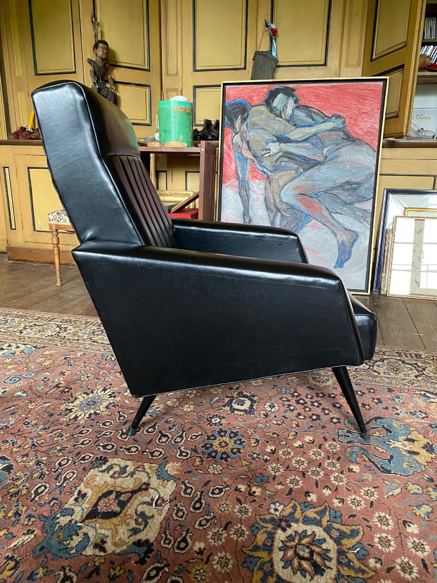 Fauteuil vintage en skaï noir et pieds métalliques – Années 1950-1960-photo-3