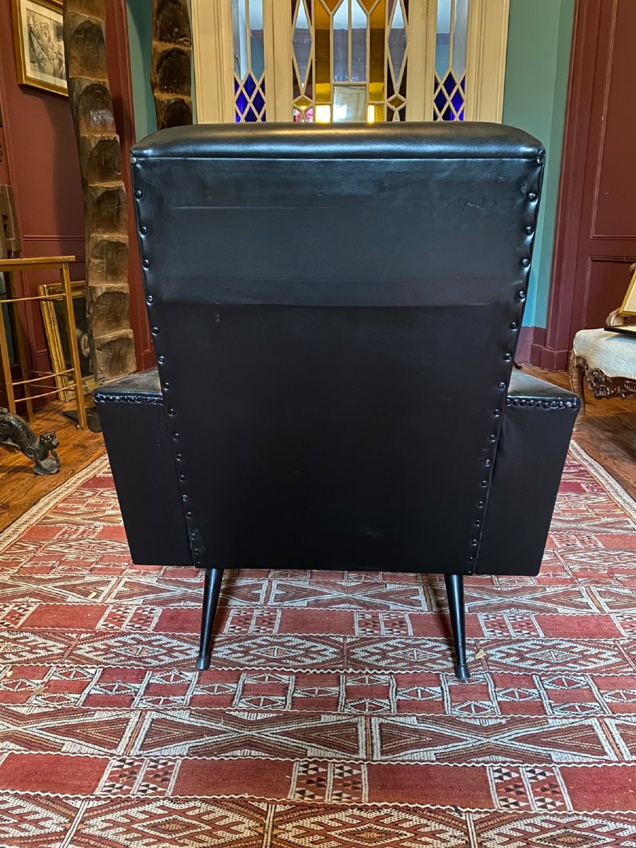 Fauteuil vintage en skaï noir et pieds métalliques – Années 1950-1960-photo-4