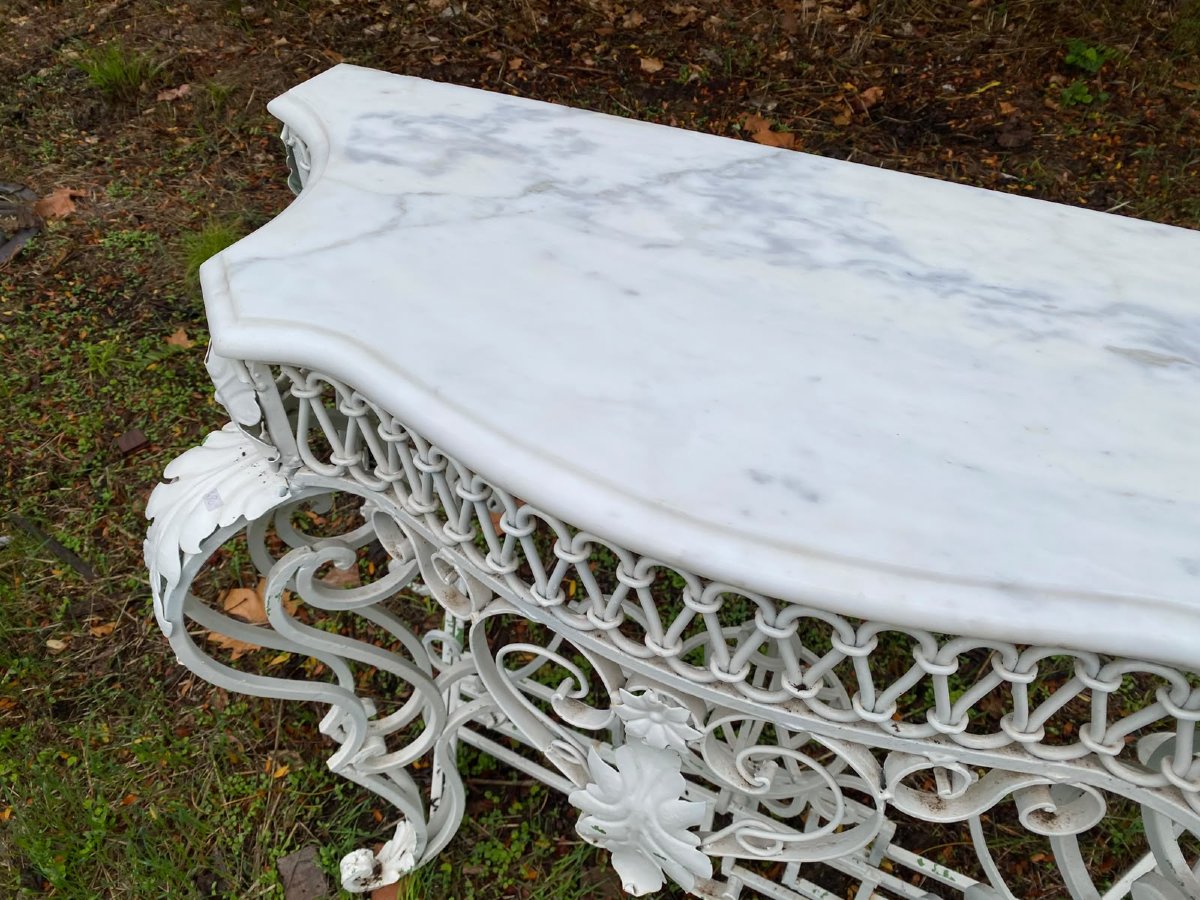 Decorative Wrought-iron Console Table With White Marble – First Half Of The 20th Century-photo-1