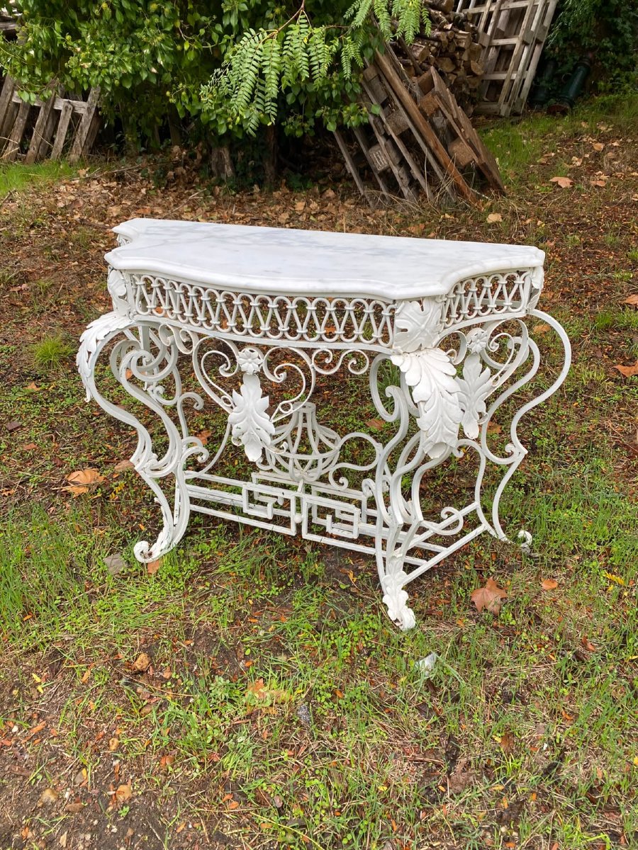 Decorative Wrought-iron Console Table With White Marble – First Half Of The 20th Century