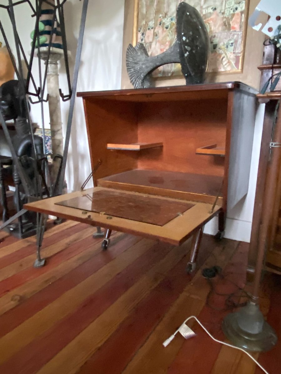 1950s–1960s Rolling Bar Cabinet – Wood Veneer And Glass-photo-3