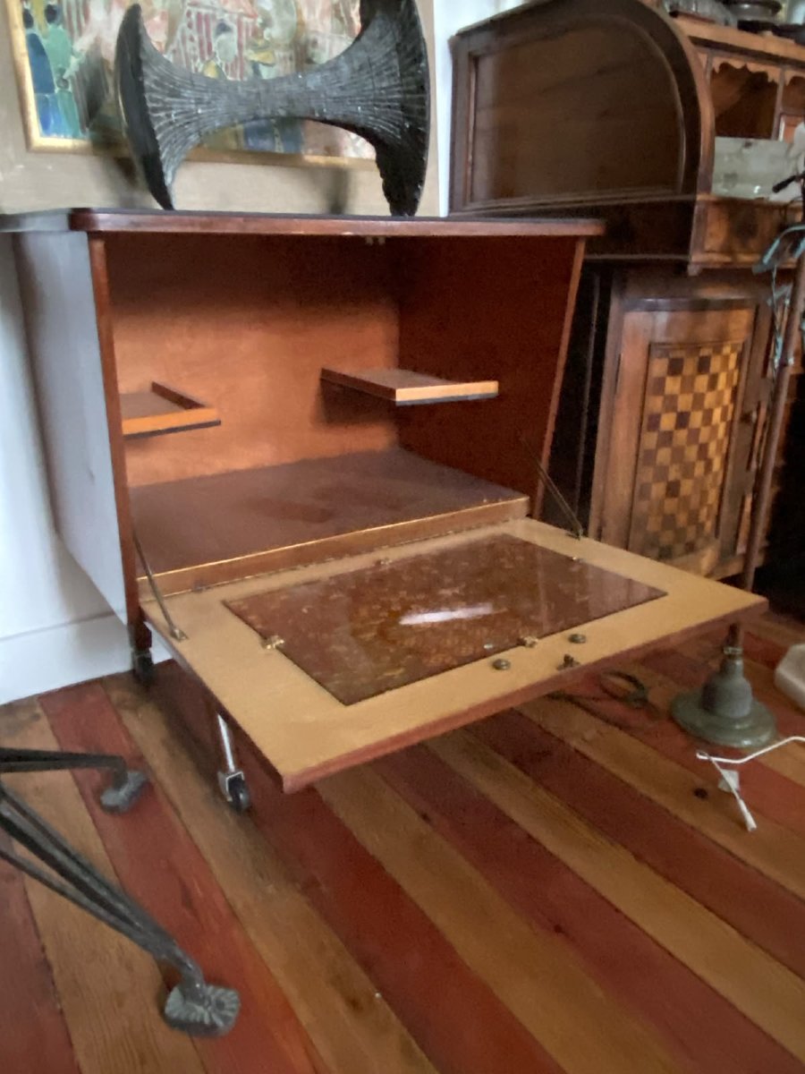 1950s–1960s Rolling Bar Cabinet – Wood Veneer And Glass-photo-4