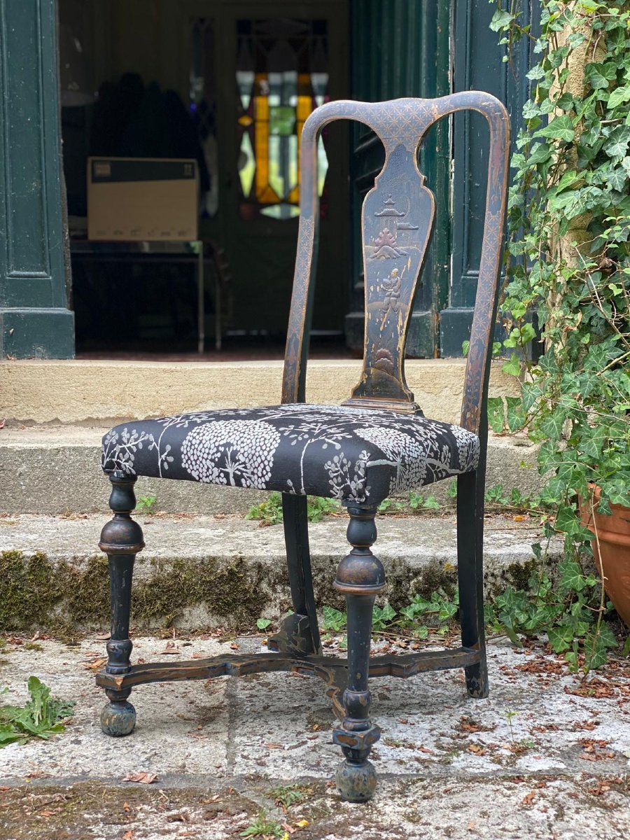 Paire de chaises à décor japonisant – Bois laqué noir et or – XIXe / début XXe siècle-photo-3