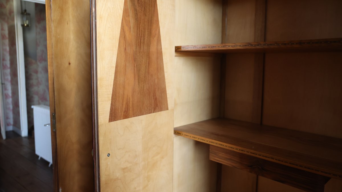 Large Art Deco Wardrobe In Walnut Veneer, Four Doors, Circa 1930-photo-2