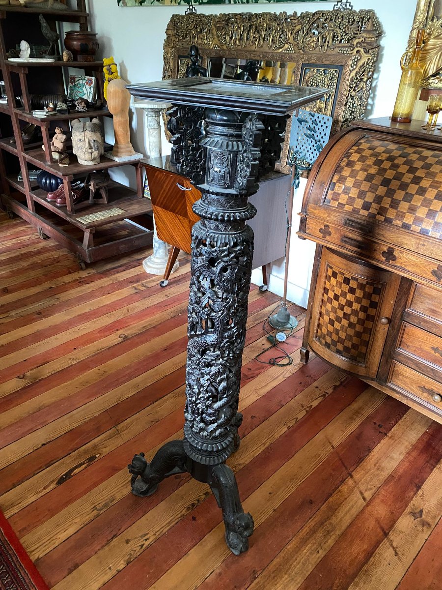 Grande sellette chinoise en bois sculpté et ajouré – Décor de dragons – Vers 1900-photo-2