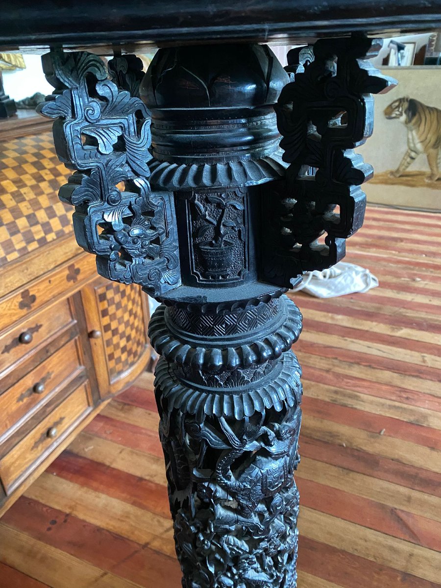 Grande sellette chinoise en bois sculpté et ajouré – Décor de dragons – Vers 1900-photo-3