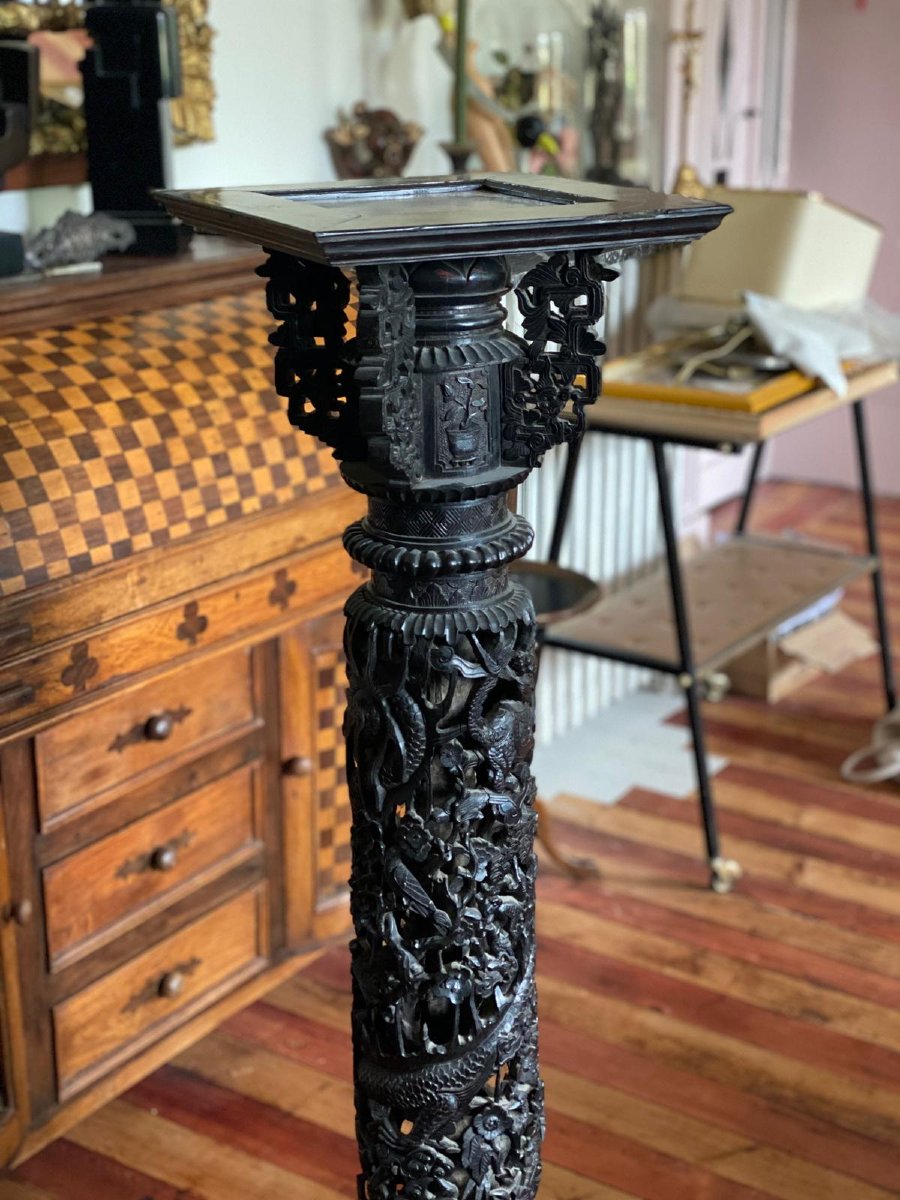 Grande sellette chinoise en bois sculpté et ajouré – Décor de dragons – Vers 1900-photo-4