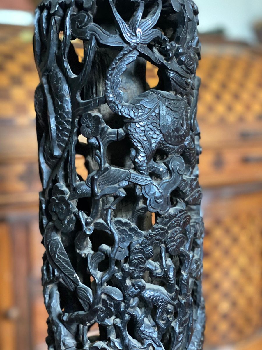 Grande sellette chinoise en bois sculpté et ajouré – Décor de dragons – Vers 1900-photo-2