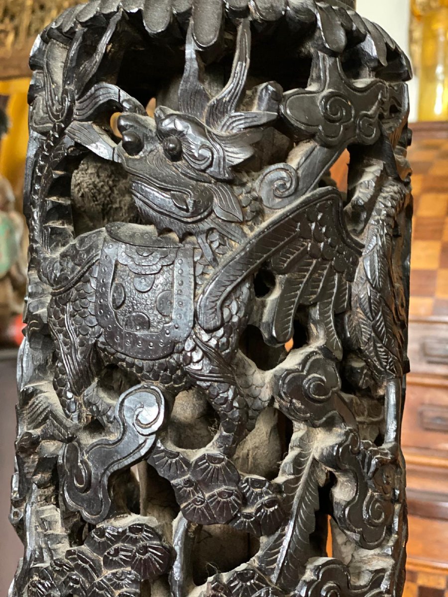 Grande sellette chinoise en bois sculpté et ajouré – Décor de dragons – Vers 1900-photo-4