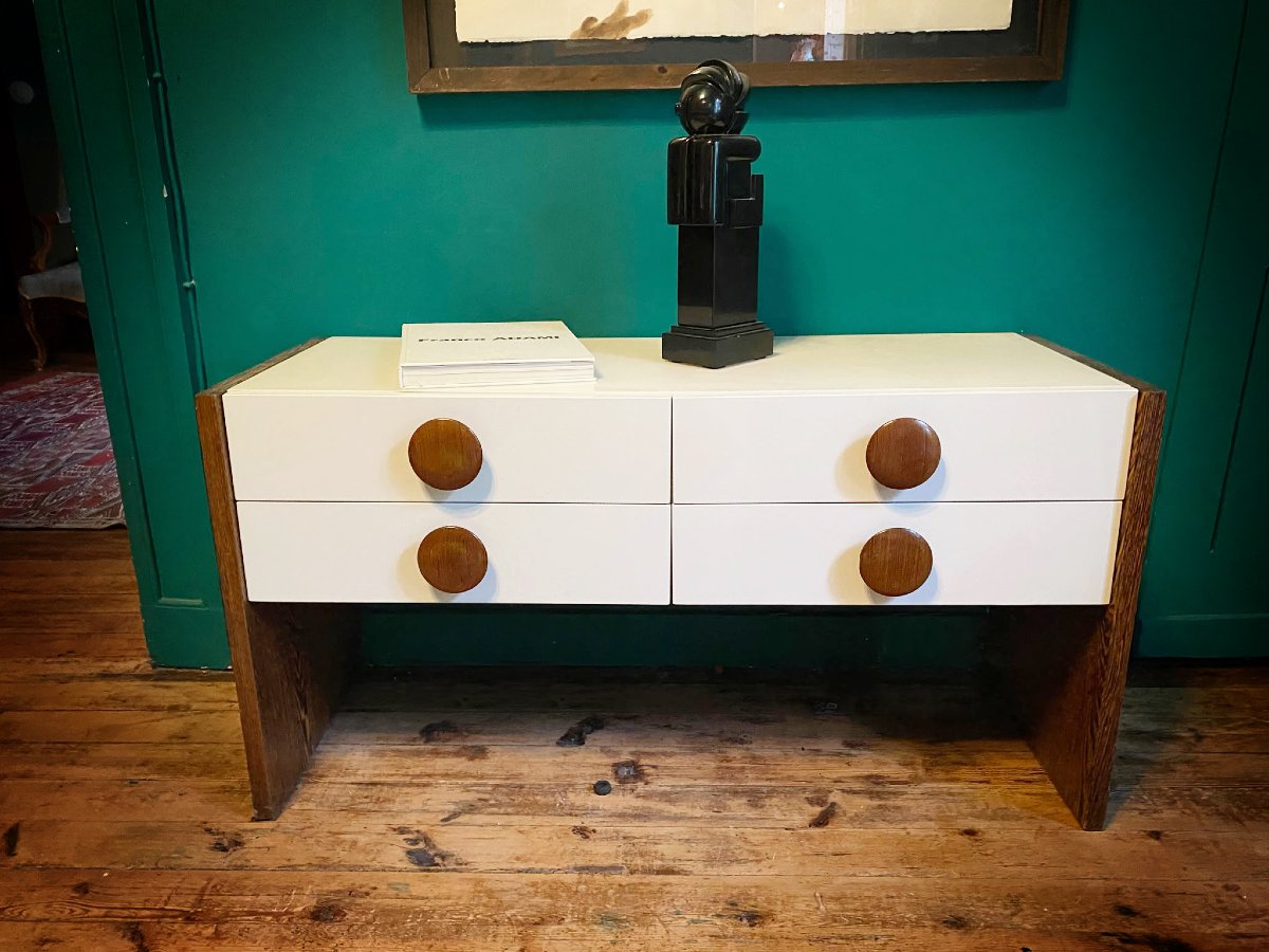 Commode basse moderniste en wengé et verre laqué blanc – Années 1970-photo-2