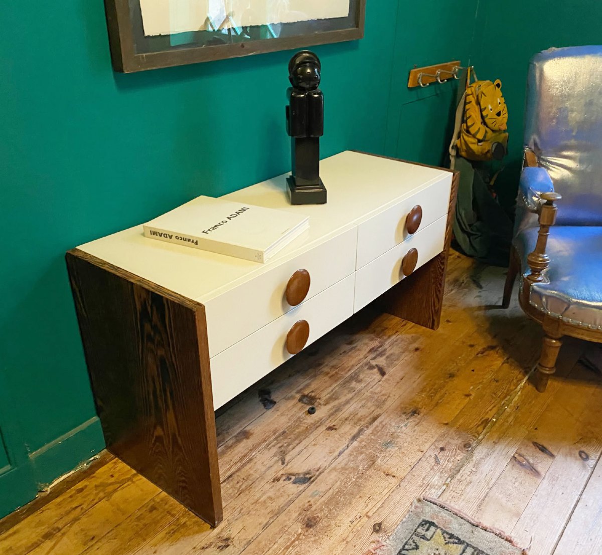 Commode basse moderniste en wengé et verre laqué blanc – Années 1970-photo-2
