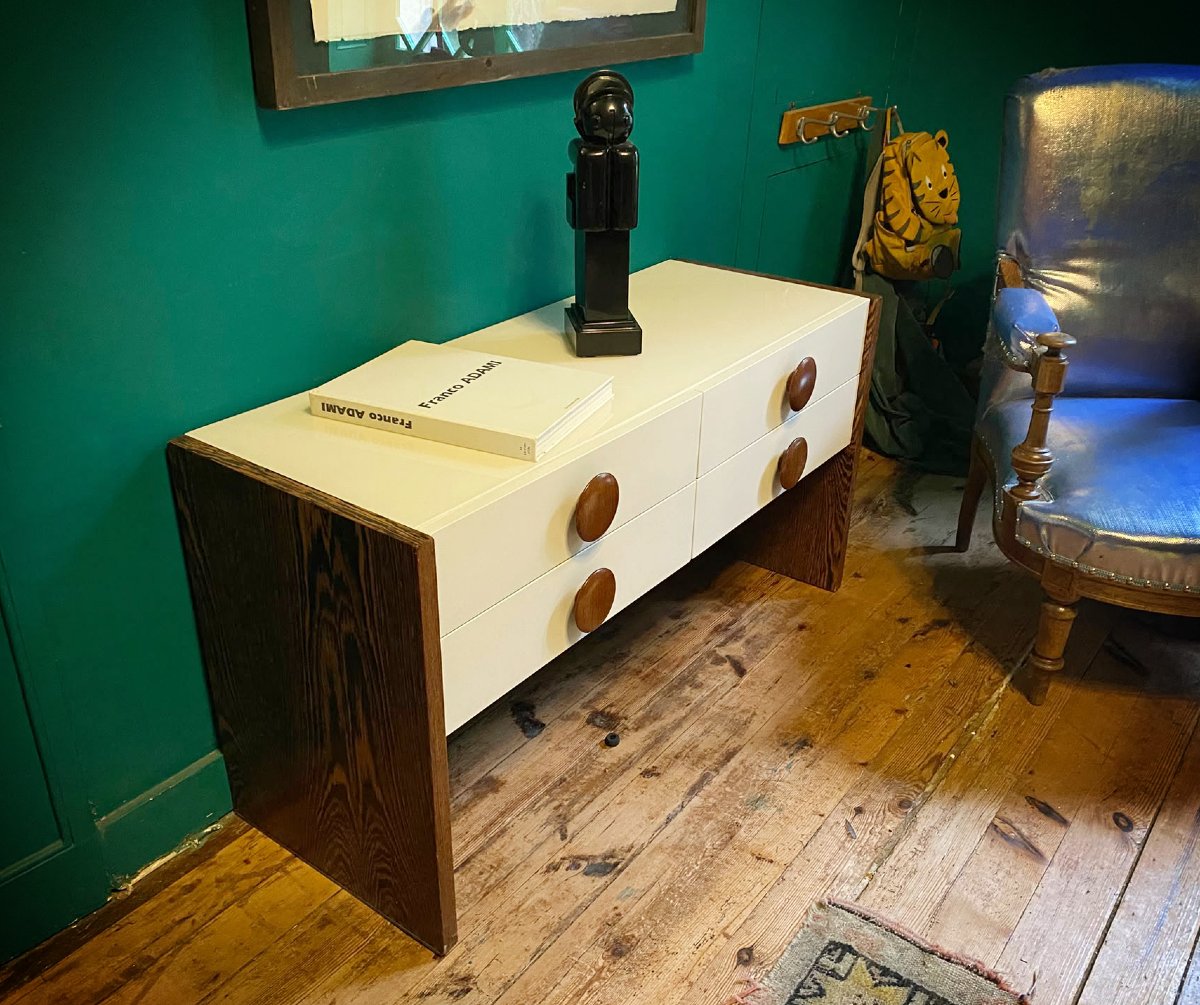 Commode basse moderniste en wengé et verre laqué blanc – Années 1970-photo-4
