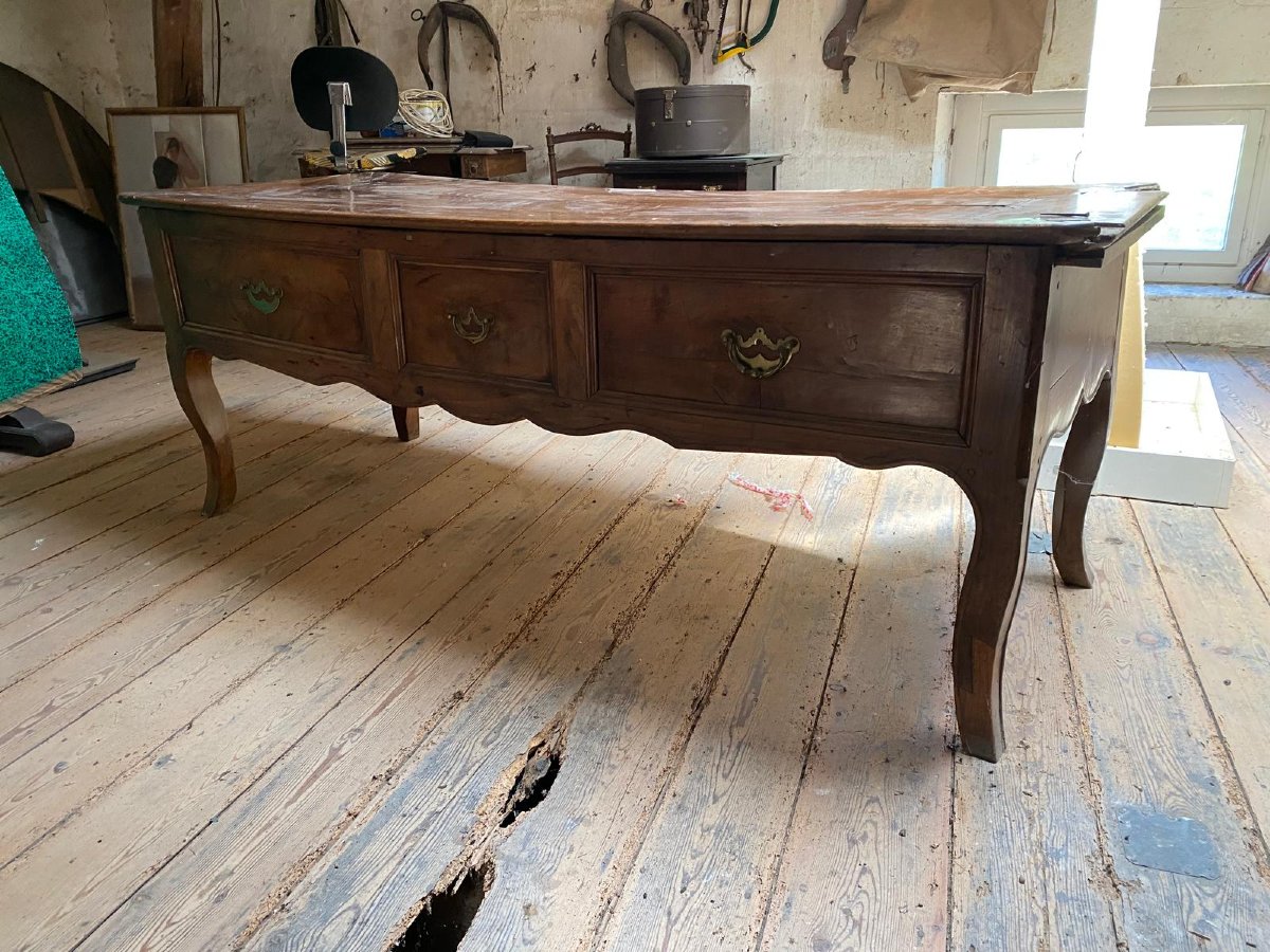 Large, Flat Provincial Desk In The Louis XV Style, Made Of Fruitwood – Mid-19th Century