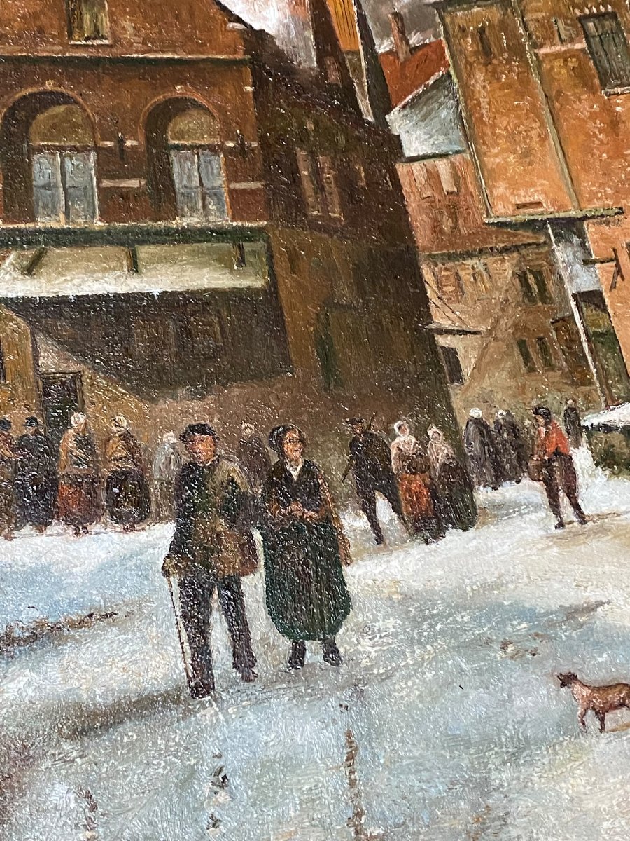 After Adrianus Eversen (1818–1897) – City Dwellers In The Snow – Oil On Canvas, Early 20th Century -photo-1