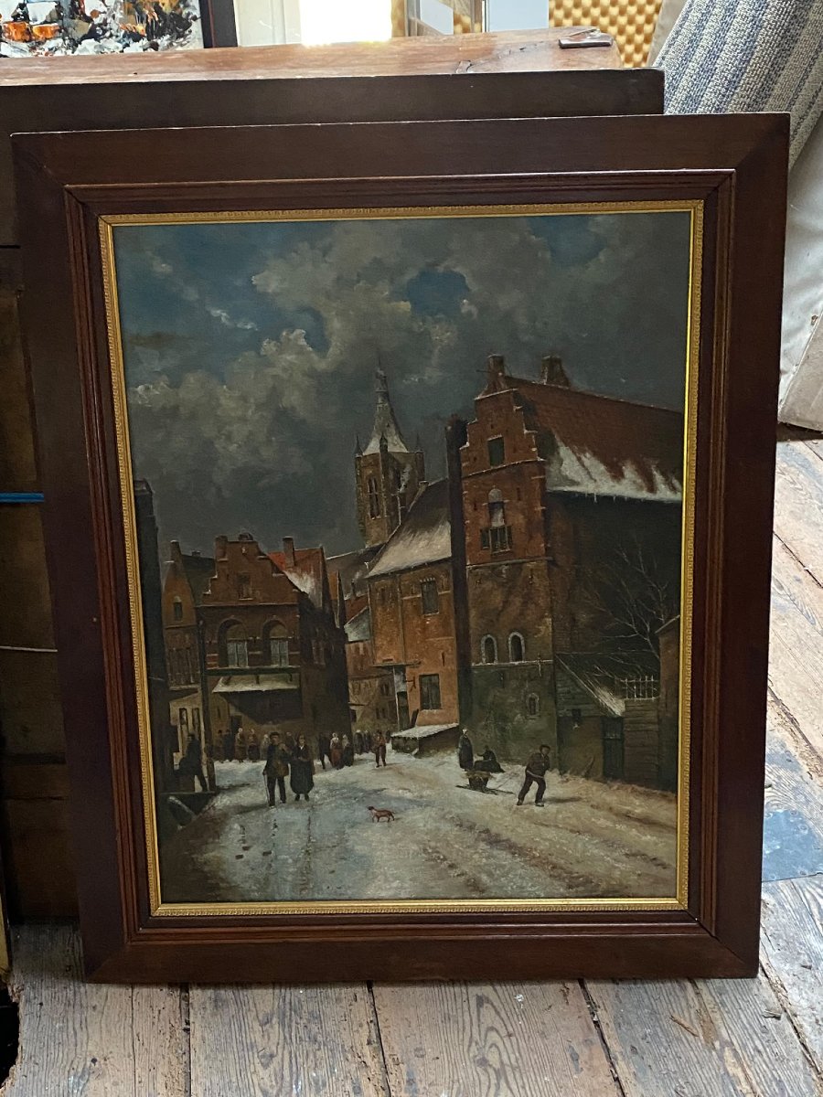 After Adrianus Eversen (1818–1897) – City Dwellers In The Snow – Oil On Canvas, Early 20th Century -photo-6