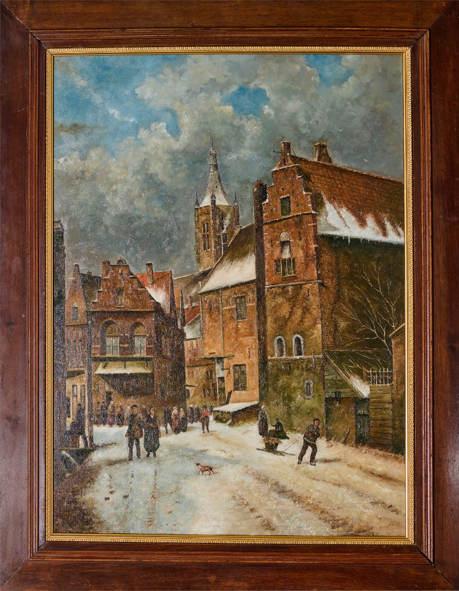 After Adrianus Eversen (1818–1897) – City Dwellers In The Snow – Oil On Canvas, Early 20th Century 