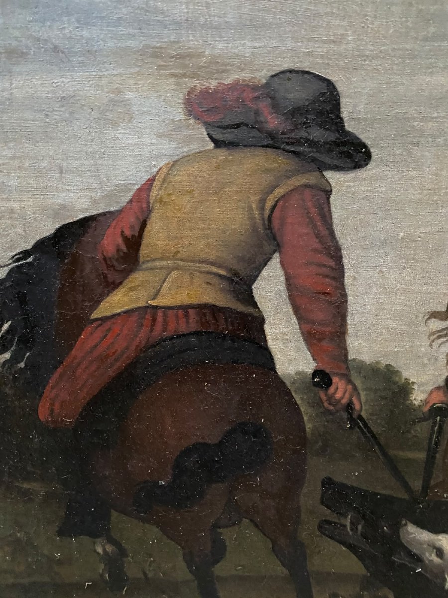 Halte de chasseurs et cavaliers – École flamande ou hollandaise – XVIIe / XVIIIe siècle-photo-2