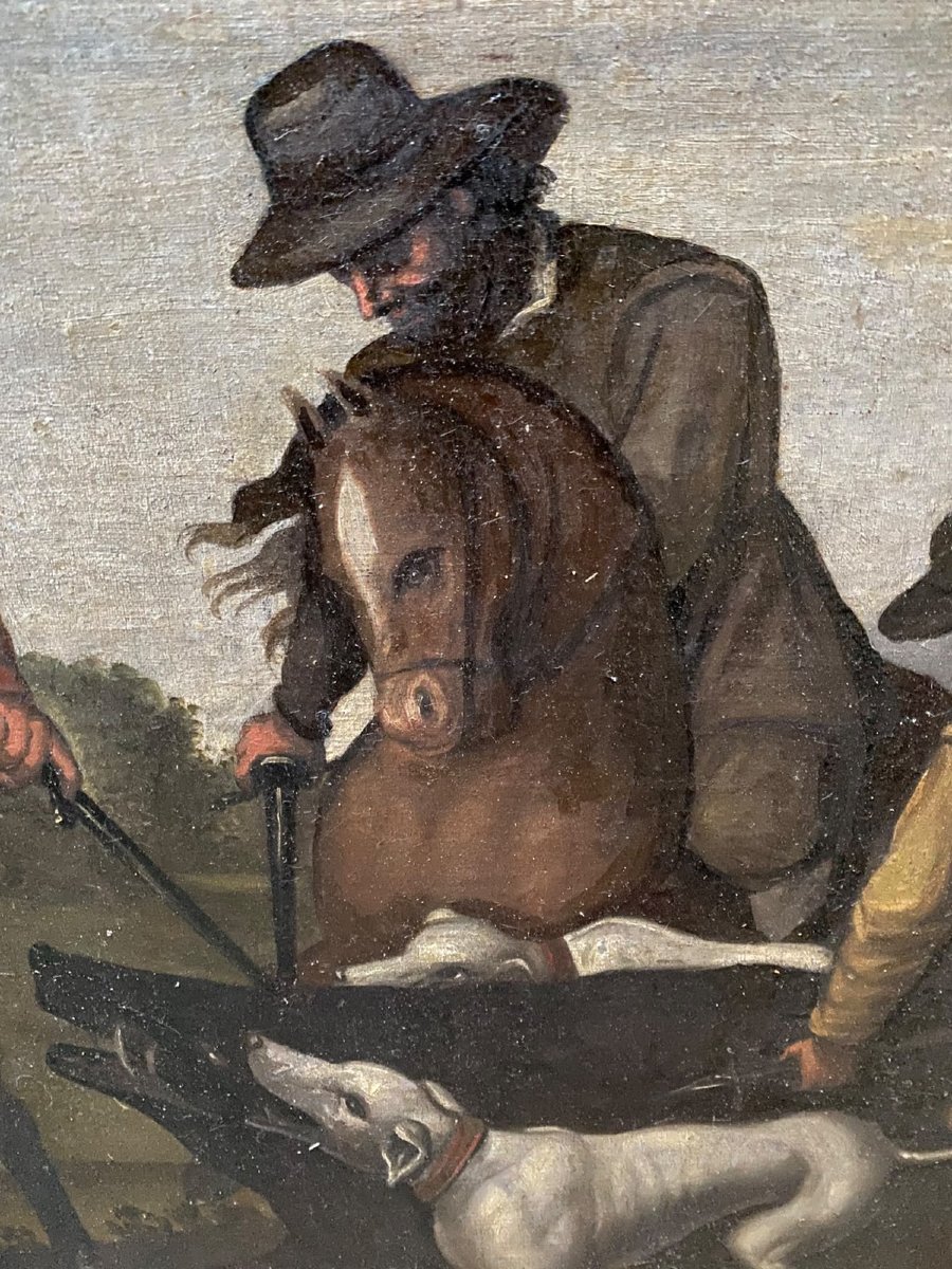 Halte de chasseurs et cavaliers – École flamande ou hollandaise – XVIIe / XVIIIe siècle-photo-3