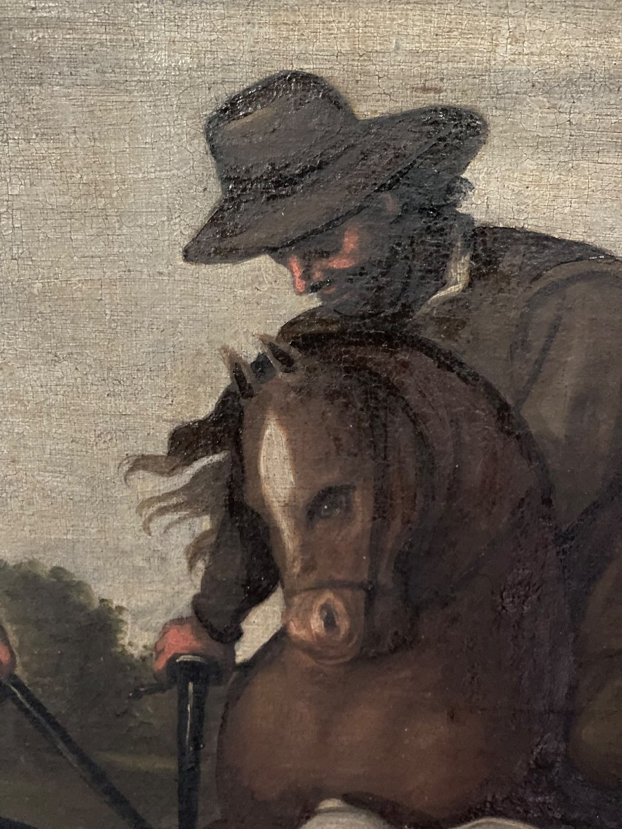 Halte de chasseurs et cavaliers – École flamande ou hollandaise – XVIIe / XVIIIe siècle-photo-4