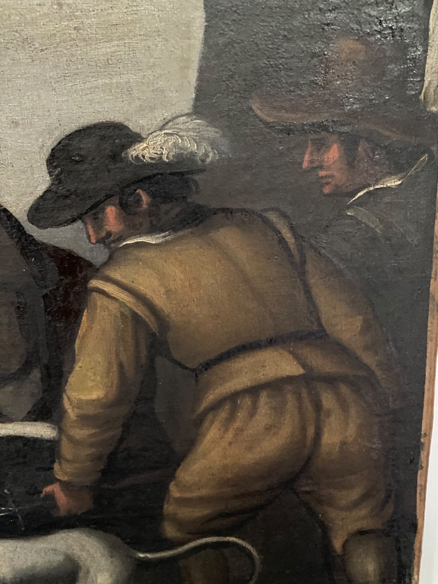 Halte de chasseurs et cavaliers – École flamande ou hollandaise – XVIIe / XVIIIe siècle-photo-2