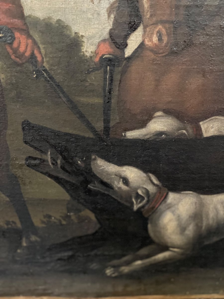 Halte de chasseurs et cavaliers – École flamande ou hollandaise – XVIIe / XVIIIe siècle-photo-3
