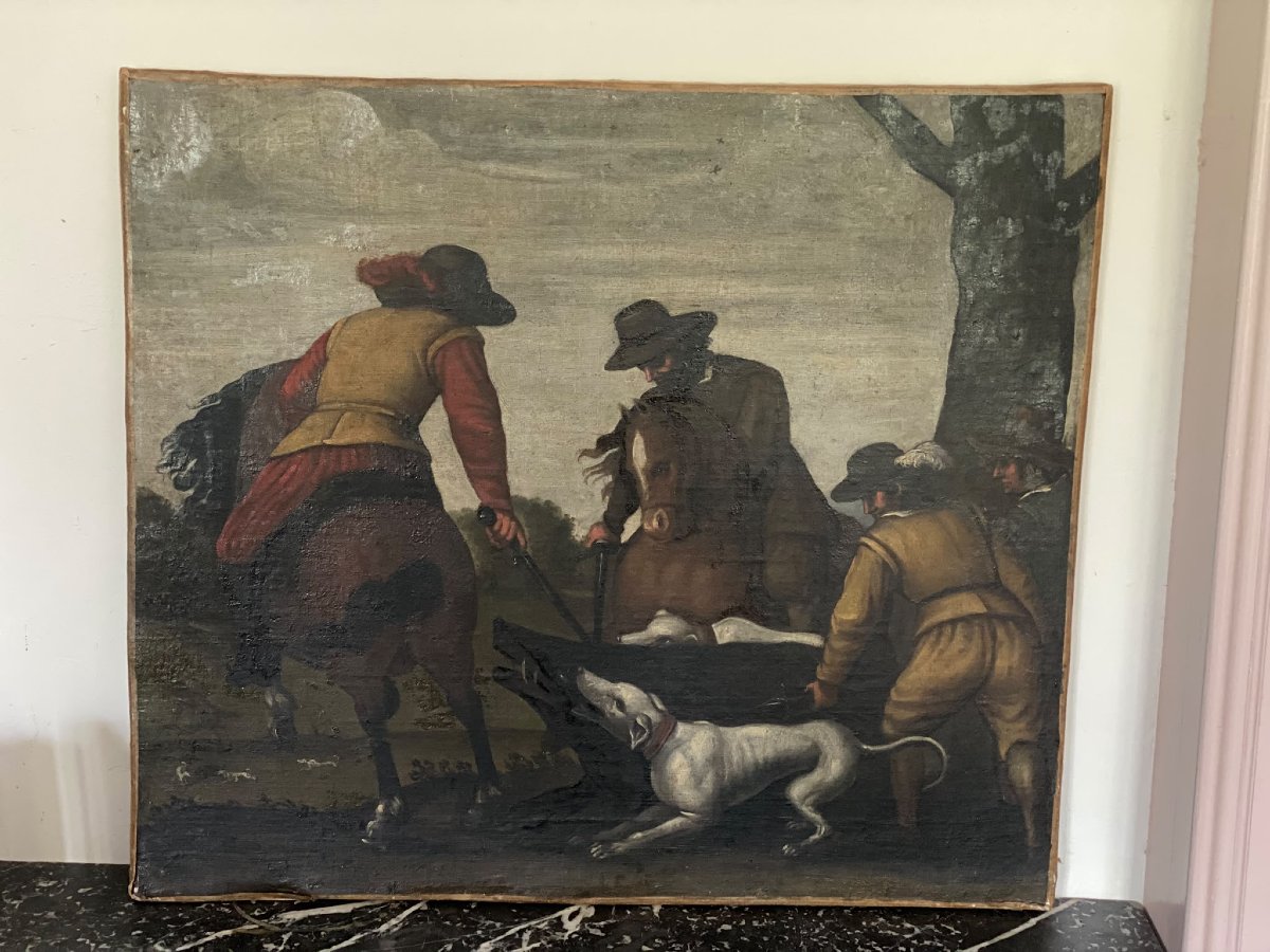 Halte de chasseurs et cavaliers – École flamande ou hollandaise – XVIIe / XVIIIe siècle