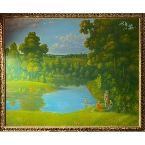 huile sur toile monumentale du peintre russe Nicolai Vassilievitch Toktaulov, datée 1998