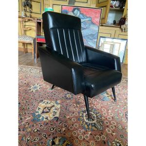 Vintage Armchair With Black Faux Leather Upholstery And Metal Legs – 1950s–1960s