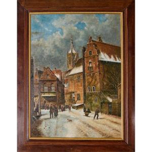 After Adrianus Eversen (1818–1897) – City Dwellers In The Snow – Oil On Canvas, Early 20th Century