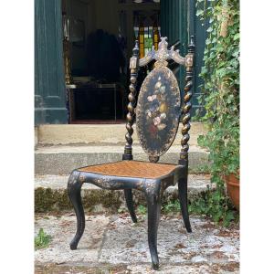 Napoleon III-style Nursing Chair In Blackened Wood, With Burgauté Decoration And Painted Flowers – 19th Century