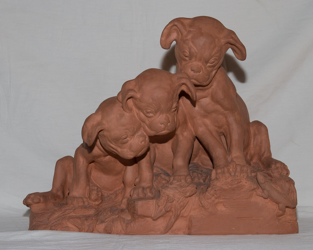 Terracotta "three Puppies" Signed Georges Lucien Vacossin Early Twentieth