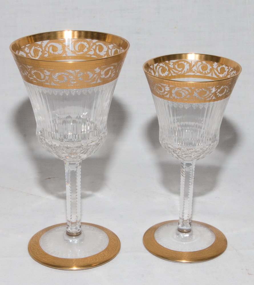 Set Of 12 Saint Louis Crystal Stemmed Glasses Thistle Model Gold-photo-2