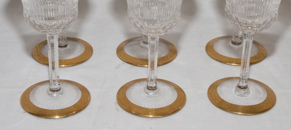 Set Of 12 Saint Louis Crystal Stemmed Glasses Thistle Model Gold-photo-1