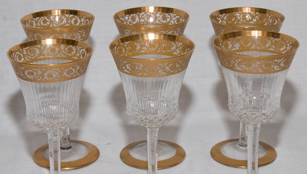 Set Of 12 Saint Louis Crystal Stemmed Glasses Thistle Model Gold-photo-2