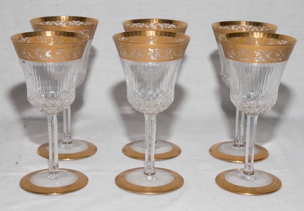 Set Of 12 Saint Louis Crystal Stemmed Glasses Thistle Model Gold-photo-3