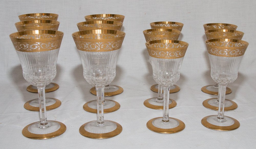 Set Of 12 Saint Louis Crystal Stemmed Glasses Thistle Model Gold-photo-7