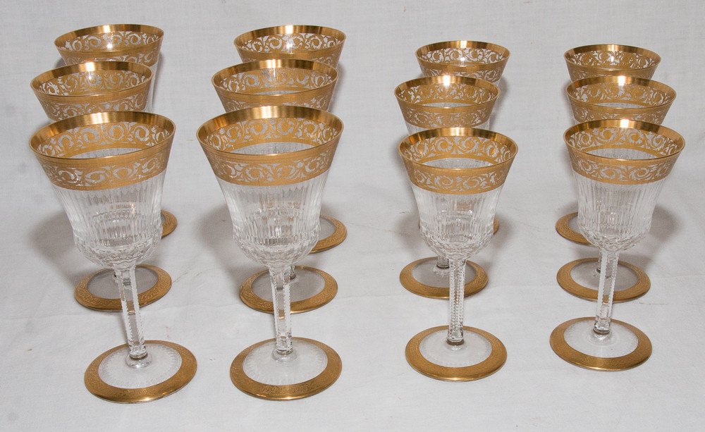 Set Of 12 Saint Louis Crystal Stemmed Glasses Thistle Model Gold-photo-8